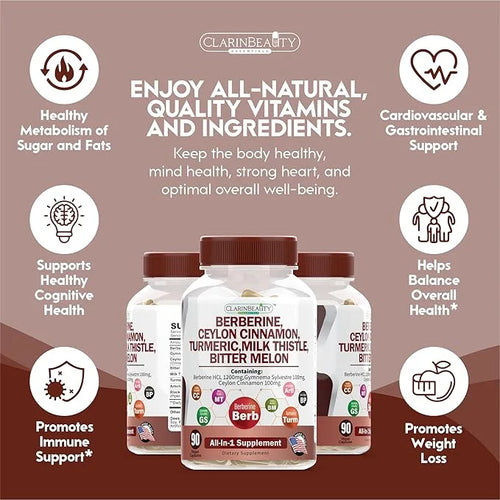 ClarinBeauty Premium Berberine 1200mg Ceylon Cinnamon 100mg Tumeric 50mg Milk 50mg Bitter 50mg Artichoke 50mg with 90 Caps...