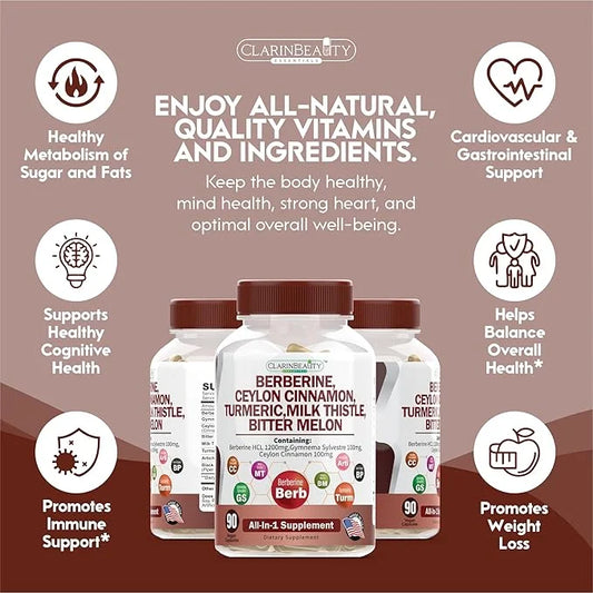 ClarinBeauty Premium Berberine 1200mg Ceylon Cinnamon 100mg Tumeric 50mg Milk 50mg Bitter 50mg Artichoke 50mg with 90 Caps...