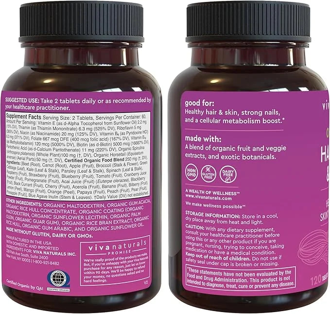 Organic Biotin Vitamins for Hair Skin 5000mcg to 120 Biotin