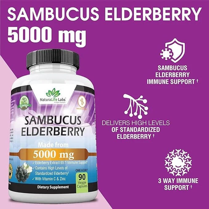 NaturaLife Labs Sambucus Elderberry 5,000 mg 65:1 with 90 Day 90 Veggie