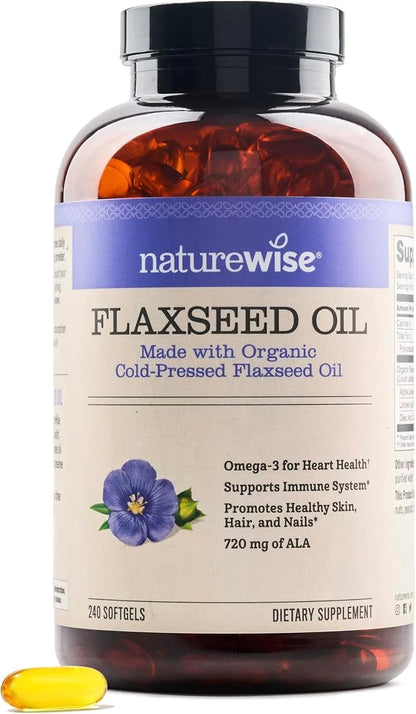 NatureWise Flaxseed Oil 1200 mg, Fish Free Omega 3 6 9 with 720mg ALA, Dietary Supplement for Heart Health Support - Organ...