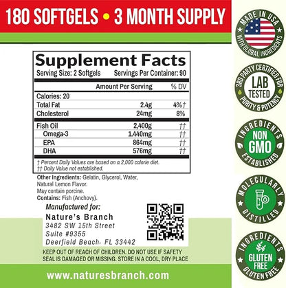 Best Triple Strength Omega 3 Fish 180 Capsules 2400mg High 864mg EPA 576mg DHA