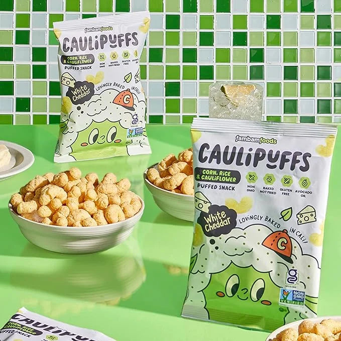 White Cheddar CauliPuffs - Corn, Rice, and Cauliflower Gluten Free Puffed Snack (Box of 15, 0.75oz bags) - Product Image