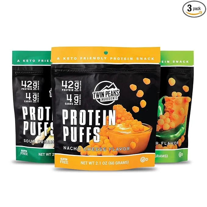 Twin Peaks Low Carb, Keto Friendly Protein Puffs, (Combo Pack, 2.1 Ounce), 2 Servings, 3 Pack (60g, 42g Protein, 4g Carbs)...