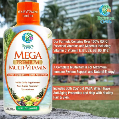 Mega Premium Liquid Multivitamin 1333% Vitamin 200% D3, D3, Zinc 20 Vitamins, 70 Minerals, 21 Amino 98% Absorption 32 Serv