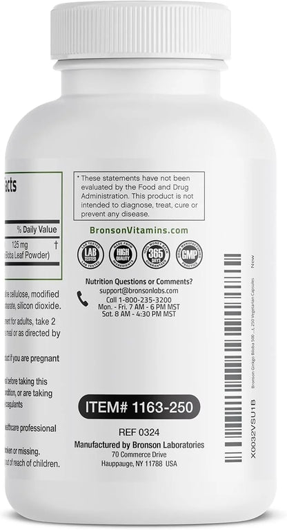 Bronson Ginkgo Biloba Extra Strength Supports Brain Function & Memory Support, 250 Vegetarian Capsules - Product Image