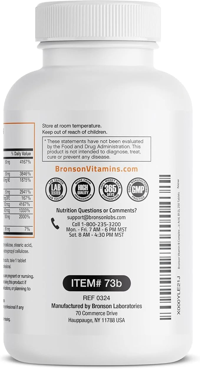 Bronson Super B Vitamin B Complex B1, B2, B2, B3, B3, B6, B6, B9 B9 - B12) Contains 250 Tablets