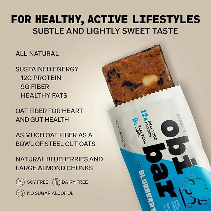 Obi Bar Blueberry - Protein and Oat Fiber Bar | All Natural | Subtle and Lightly Sweet Taste | Meal Bar | Heart and Gut He...