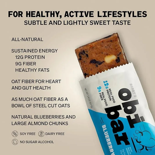 Obi Bar Blueberry - Protein and Oat Fiber Bar | All Natural | Subtle and Lightly Sweet Taste | Meal Bar | Heart and Gut He...