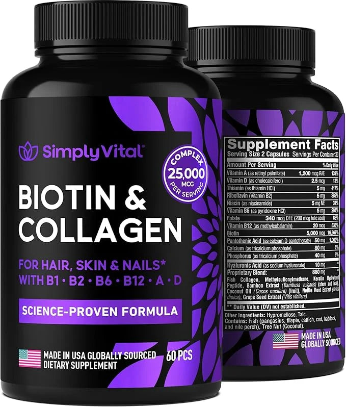 Biotin Vitamins for Hair, Skin & Nails 5000mcg, Keratin 60 Caps