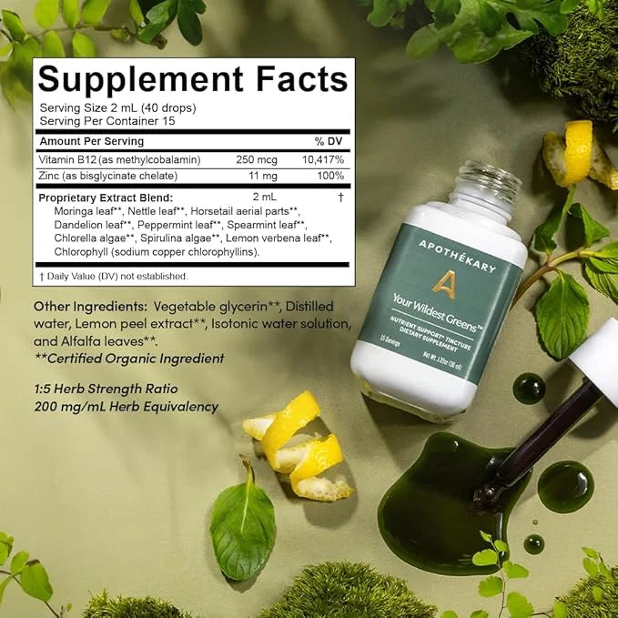 Apothékary Your Wildest Greens Tincture, All-in-One Daily Greens Superfood Supplement, Vitamin & Mineral Support, 5X Poten...