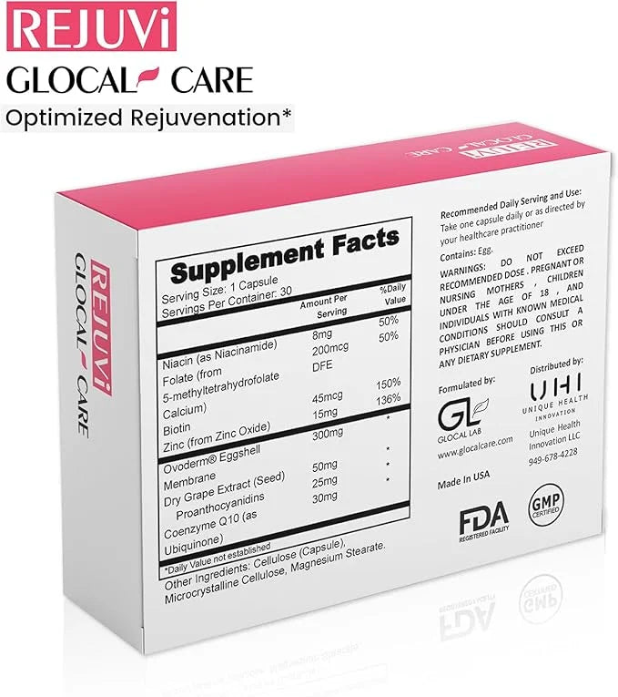 GlocalCare Rejuvi Skin Rejuvenation - Collagen Synthesis, Anti-Wrinkles with Ovoderm, Grape Seed Extract, Coenzyme Q10, Fo...