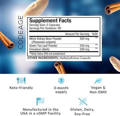 Codeage Keto Carb, White Kidney Bean, Green Tea & Cinnamon Bark Supplement, Triple Action Keto Cheat Vegan Pills, Ketogeni...