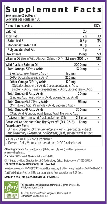 New Chapter Wholemega Fish Oil Supplement Omega-3 + D3 + 120 ct, 1000mg Softgels