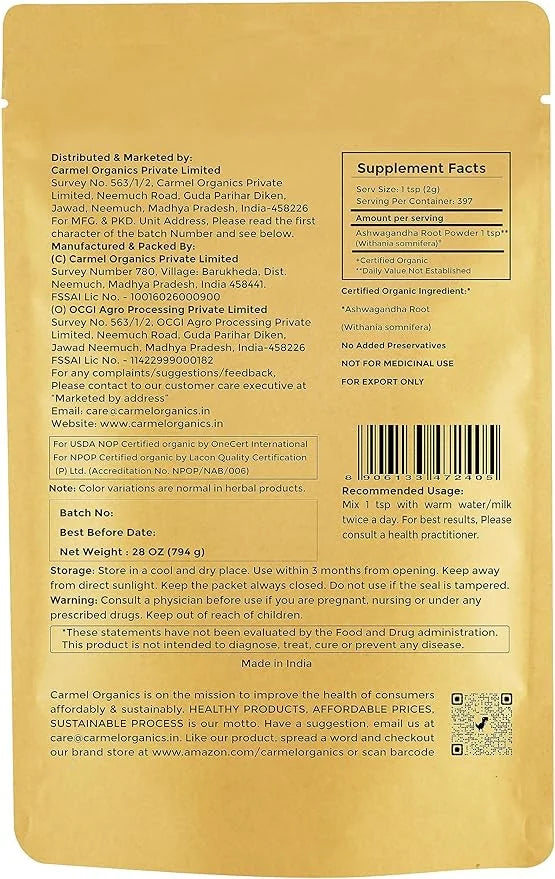 CARMEL ORGANICS Organic Ashwagandha Root Powder (28 Oz 794g/1.75 Lbs)