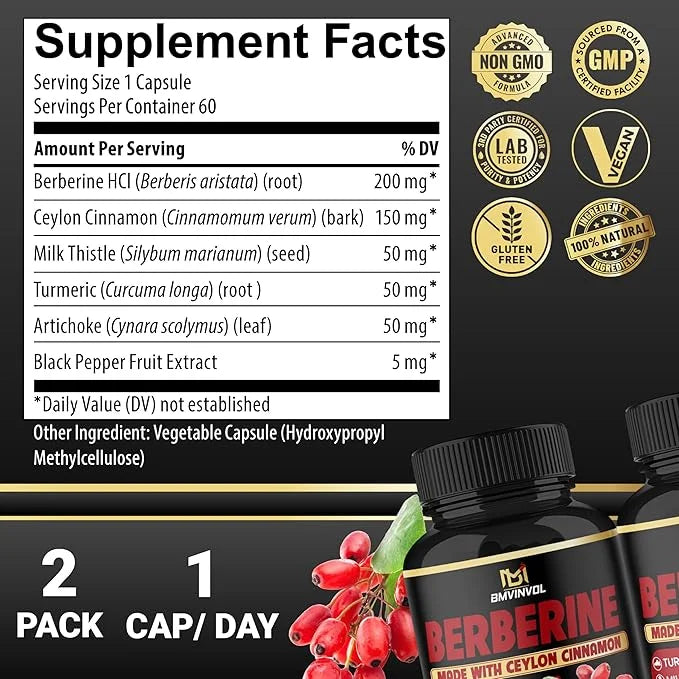 (2 Packs) Berberine Supplement Plus Ceylon Cinnamon, Turmeric, Artichoke, Milk Thistle, Black Pepper - 120 Capsules - 4 Mo...