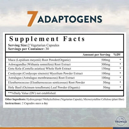 TruWild Adaptogen Blend with Cordyceps Maca Ashwagandha 7 Key 60 Capsules