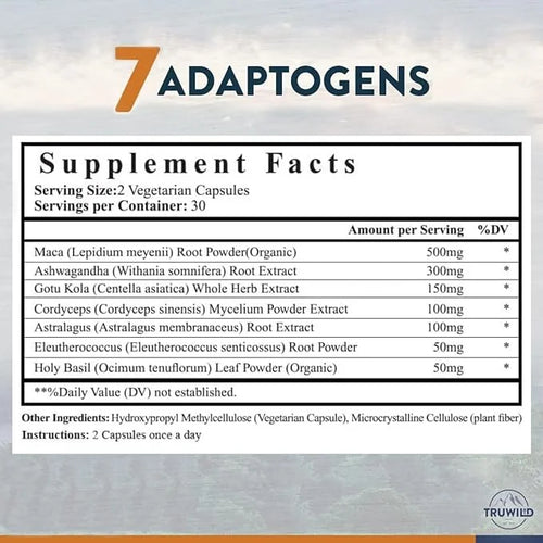 TruWild Adaptogen Blend with Cordyceps Maca Ashwagandha 7 Key 60 Capsules