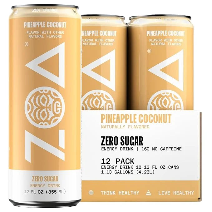 ZOA Zero Sugar Energy Drinks, Pineapple Coconut - Sugar Free with Electrolytes, Healthy Vitamin C, Amino Acids, Essential ...