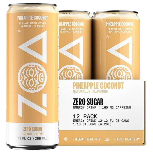 ZOA Zero Sugar Energy Drinks, Pineapple Coconut - Sugar Free with Electrolytes, Healthy Vitamin C, Amino Acids, Essential ...