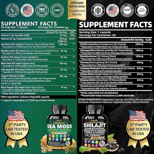 Sea Moss and Shilajit Bundle 60 Count 18000mg, Black 4000mg, Ashwagandha 1000mg, Ginger 9000mg, Rhodiola 1000mg, All 1 Sup...