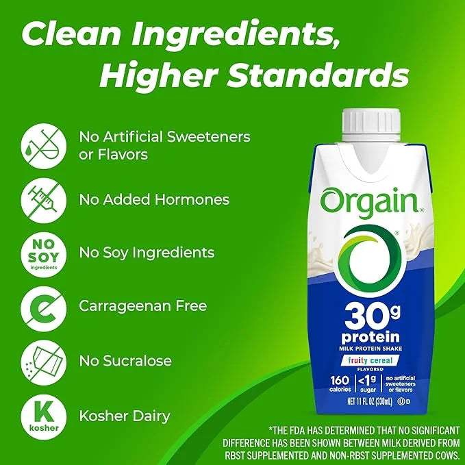 Orgain 30g High Protein Shake, Dairy Isolate Milk Protein, Fruity Cereal, 6g BCAAs, <1g Sugar Per Serving, Meal Replacemen...