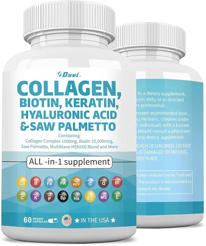 Collagen Pills 1000mg Biotin 10000mcg Keratin 2500mg Hyaluronic Women,60 Count