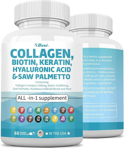 Collagen Pills 1000mg Biotin 10000mcg Keratin 2500mg Hyaluronic Women,60 Count