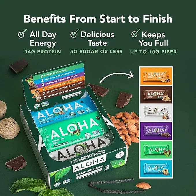 ALOHA Organic Plant Based Protein Bars - 6 Flavor Variety Pack - 12 Count, 1.9oz Bars - Vegan Snacks, Low Sugar, Gluten-Fr...