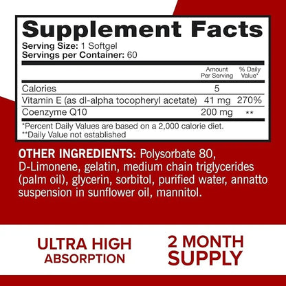 Qunol CoQ10 200mg Softgels, Ultra CoQ10 Q10 Supplements 2 Month 60 Count