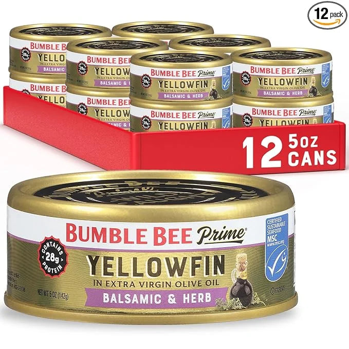 Bumble Bee Prime Balsamic & Herb Yellowfin Tuna in Extra Virgin Olive Oil, 5 oz Cans (Pack of 12) - Wild Caught Ahi Tuna -...