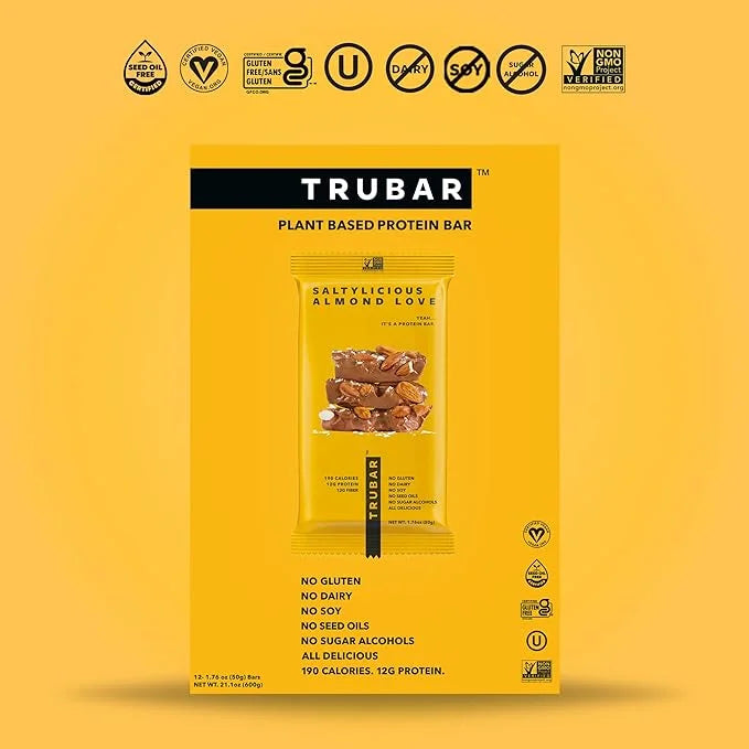 TRUBAR Vegan Protein Bar, Saltylicious Almond Love, Gluten Free, Plant Based, High Fiber, Dairy Free, Low Fat, Non GMO, No...
