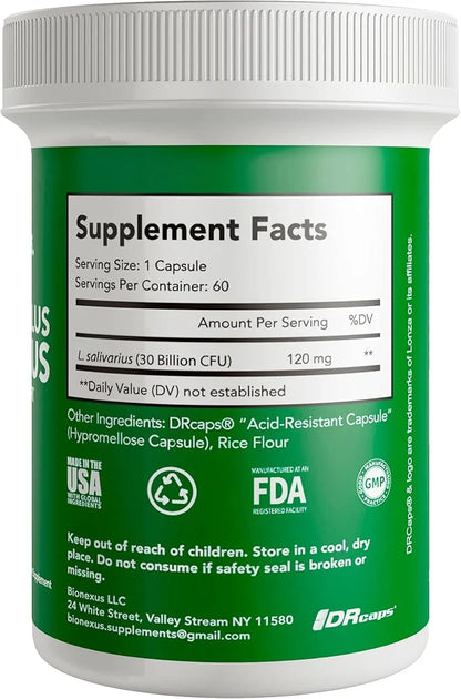Bionexus™ Lactobacillus Salivarius Dietary Supplement – 60-Count, 30 Billlion CFU Oral Probiotics Support, Oral and Digest...