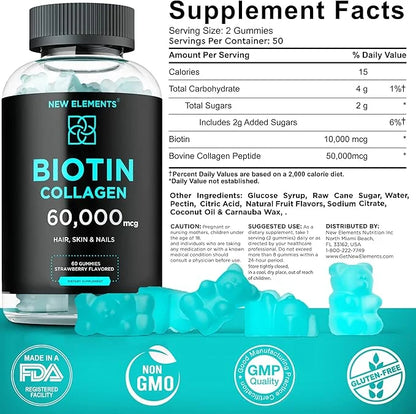 Biotin & Collagen Peptides Gummies 50000mcg + 10000mcg Chewable B7 for