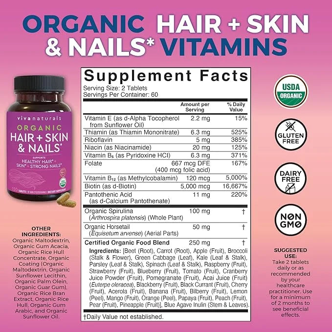 Organic Biotin Vitamins for Hair Skin 5000mcg to 120 Biotin