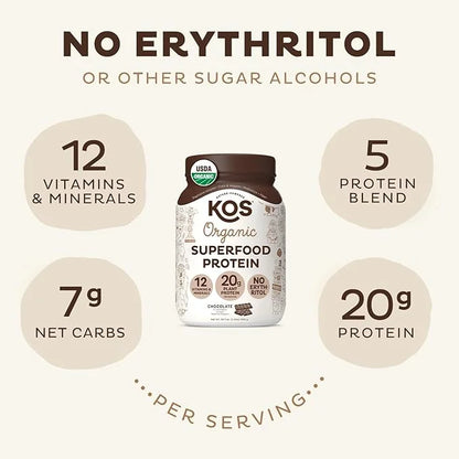 KOS Vegan Protein Powder Erythritol Free, Chocolate 28 Servings