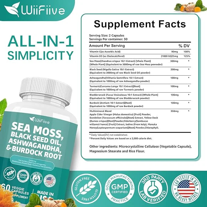 Sea Moss 3000mg Black Seed Oil 2000mg Ashwagandha 1000mg Burdock 1000mg Turmeric 1000mg Irish D3 Yellow 60 Count