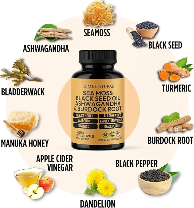 Sea Moss 3000mg Black Seed Oil 2000mg Ashwagandha 1000mg Turmeric 1000mg Bladderwrack 1000mg Burdock 1000mg Manuka 120 Cap...