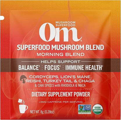 Om Mushroom Superfood Morning Energy Blend 10 Count, D2, Agaricus