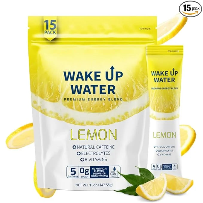 Wake Up Water - Energy + Hydration Sugar Free 15 Packet, Lemon Flavor - Energy Drink Powder, Electrolytes Powder Drink, Na...
