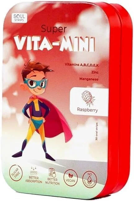Soul Strips Super Vita-Mini - Essential Vitamins A, B, C, D, E, K & Minerals for Kids' Growth & Health, Raspberry, Zero Su...