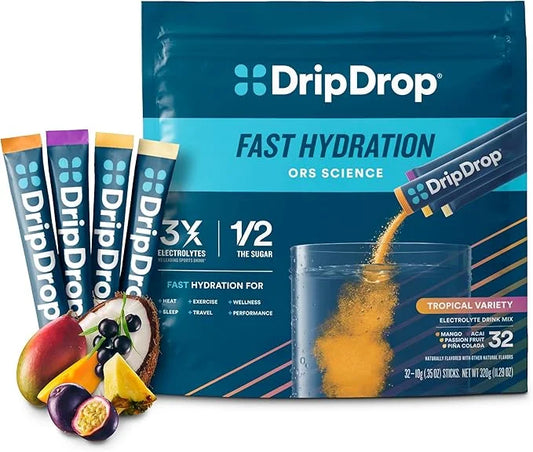 DripDrop Hydration - Tropical Variety Pack - Electrolyte Drink Mix Single Serve Hydration Powder Packets - Mango, Açaí, Pa...