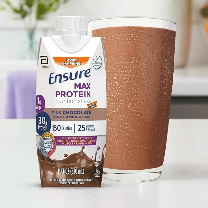 Ensure Max Protein Milk Chocolate with Caffeine Nutrition Shake | 30g Protein, 1g Sugar, 4g Fiber Blend | 12 Pack - Produc...