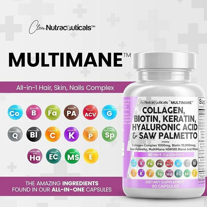 Collagen Pills 1000mg Biotin 10000mcg Keratin 2500mg Hyaluronic 90 Count