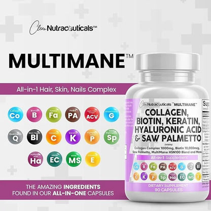 Collagen Pills 1000mg Biotin 10000mcg Keratin 2500mg Hyaluronic 90 Count
