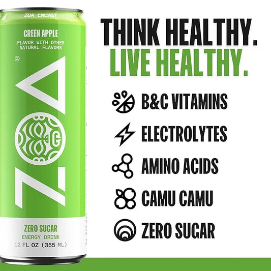 ZOA Zero Sugar Energy Drinks, Green Apple - Sugar Free with Electrolytes, Healthy Vitamin C, Amino Acids, Essential B-Vita...
