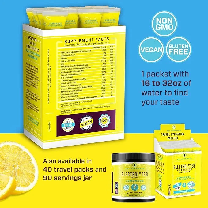 KEY NUTRIENTS Multivitamin Electrolytes Hydration Packets - Refreshing Lemonade Post Workout and Recovery 40 Pack - No Sug...
