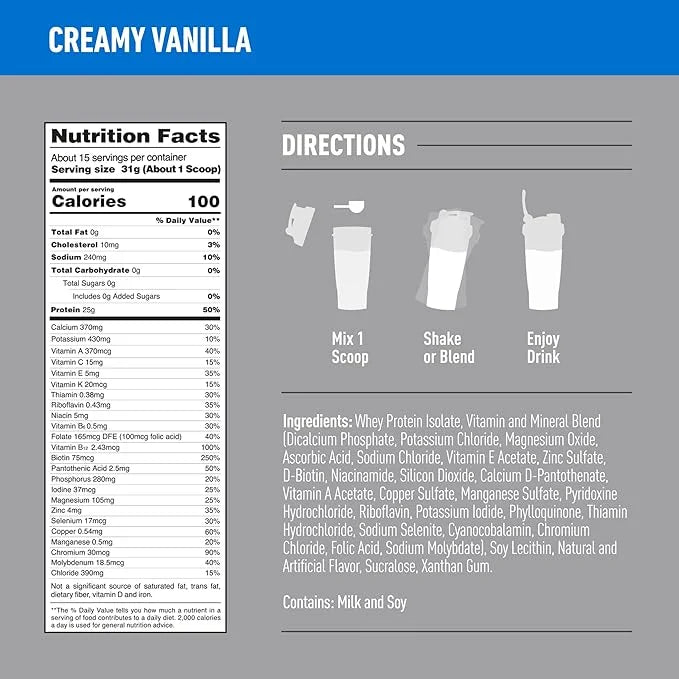 Isopure Zero Carb 100% Pure Whey Isolate Protein Powder, Lactose Free, Gluten Free, With Vitamins, Creamy Vanilla, 25g Pro...