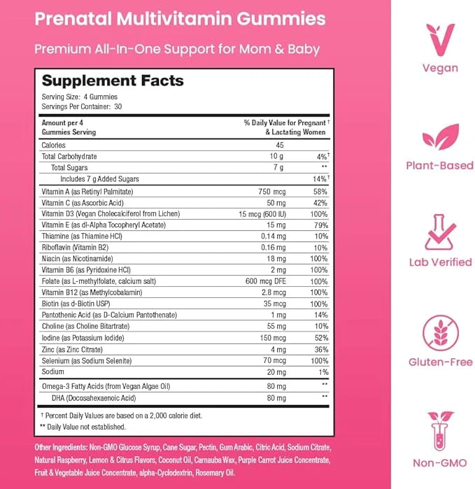 Prenatal Vitamin Gummies with DHA 3, Methylfolate, D3, Pregnancy 120 Count