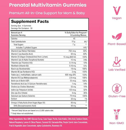 Prenatal Vitamin Gummies with DHA 3, Methylfolate, D3, Pregnancy 120 Count